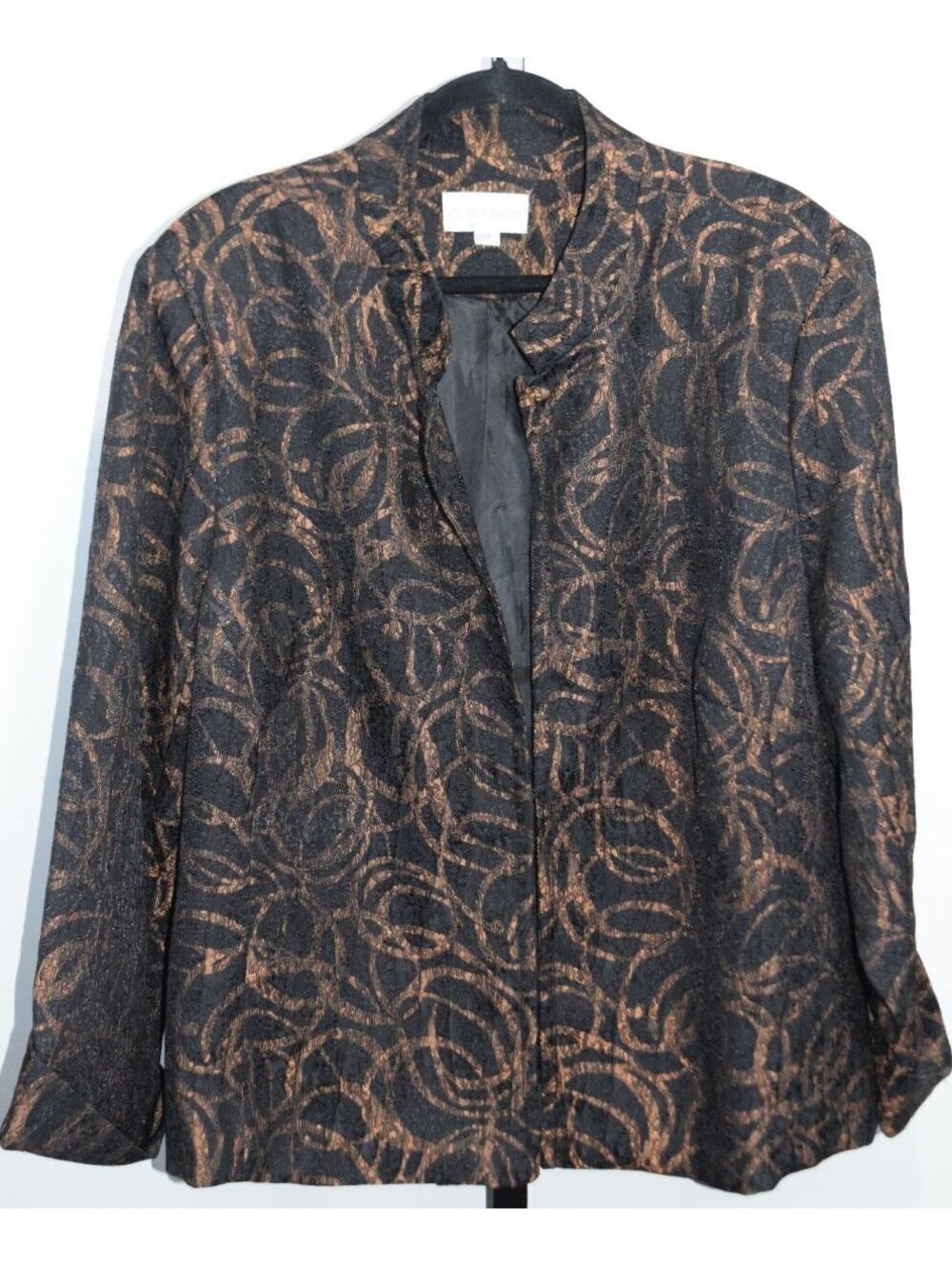 Erin London Open Front Swirl Print Jacquard Blazer Black Bronze Metallic 2X